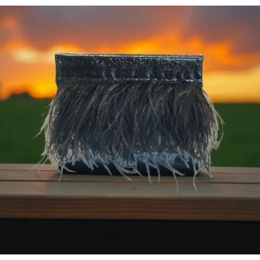 Black Leather Feather Clutch Bag Genuine Leather Evening Purse Boho Chic Handbag